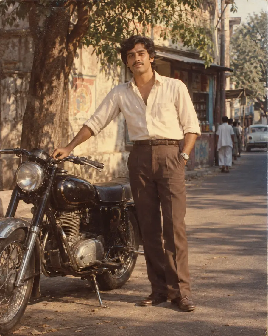 1980s Indian street portrait of a man beside a classic motorcycle