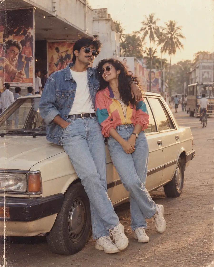1990s Indian college couple AI photo beside a vintage car
