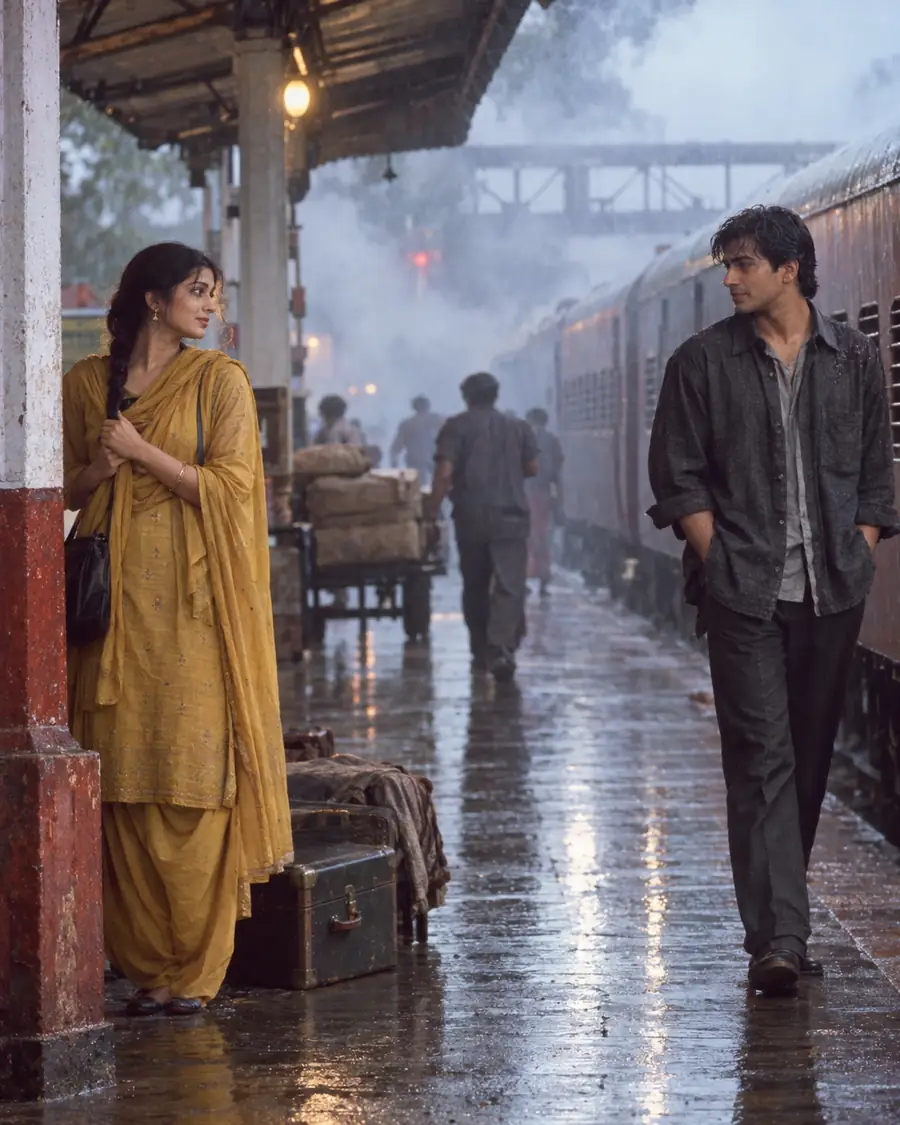 1990s Indian monsoon romance scene on a rain-soaked railway platform